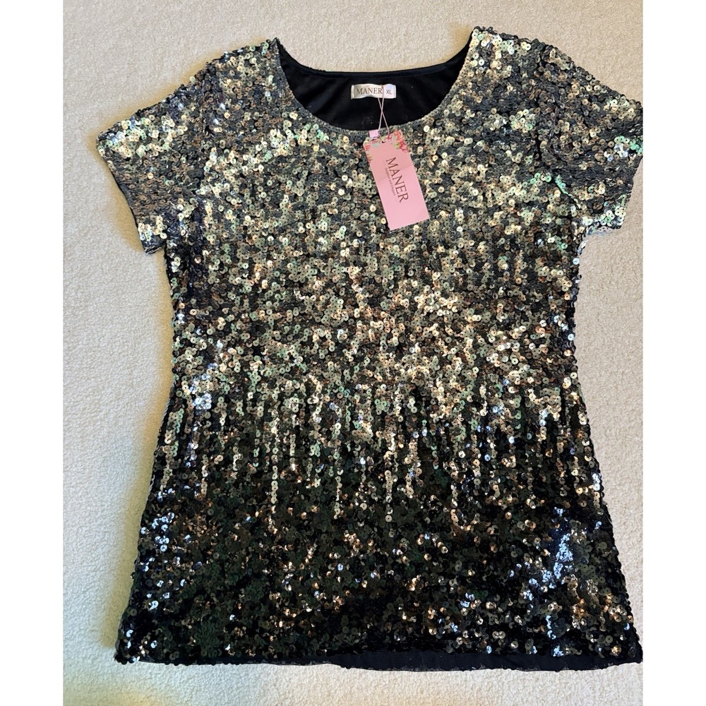 Maner Sequin Party Top Silver Black Ombre Short Sleeve Holiday Glam Sz XL NWT